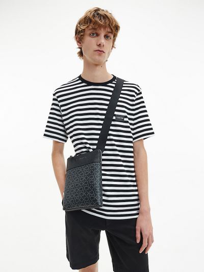 Calvin Klein Ruhák HU880415 | Calvin Klein Organic Cotton Stripe Férfi Póló Csíkok Fekete / Fehér